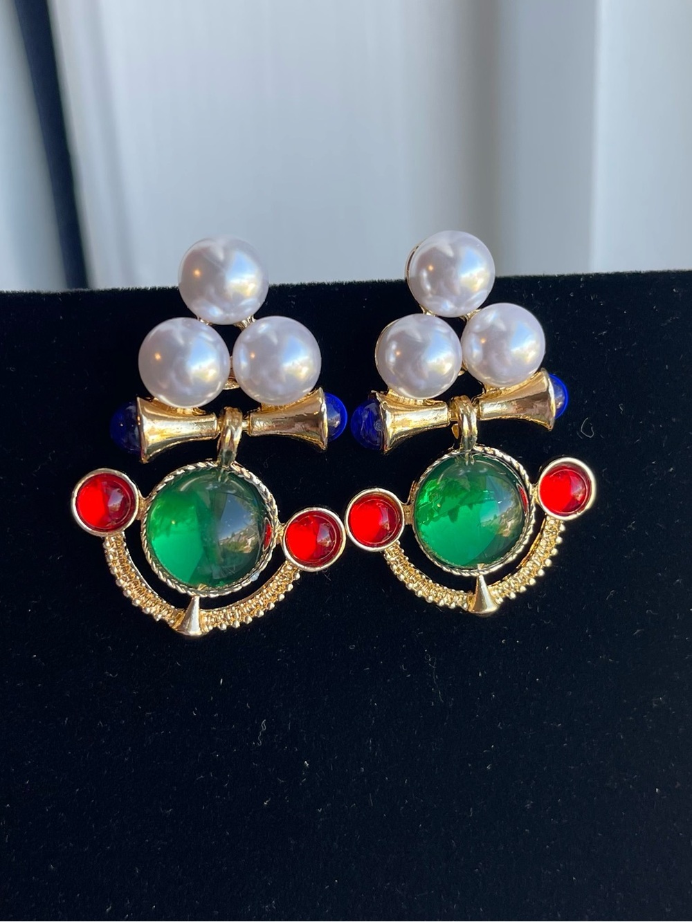 Gold-Tone Green, Red & Pearl Statement Earrings